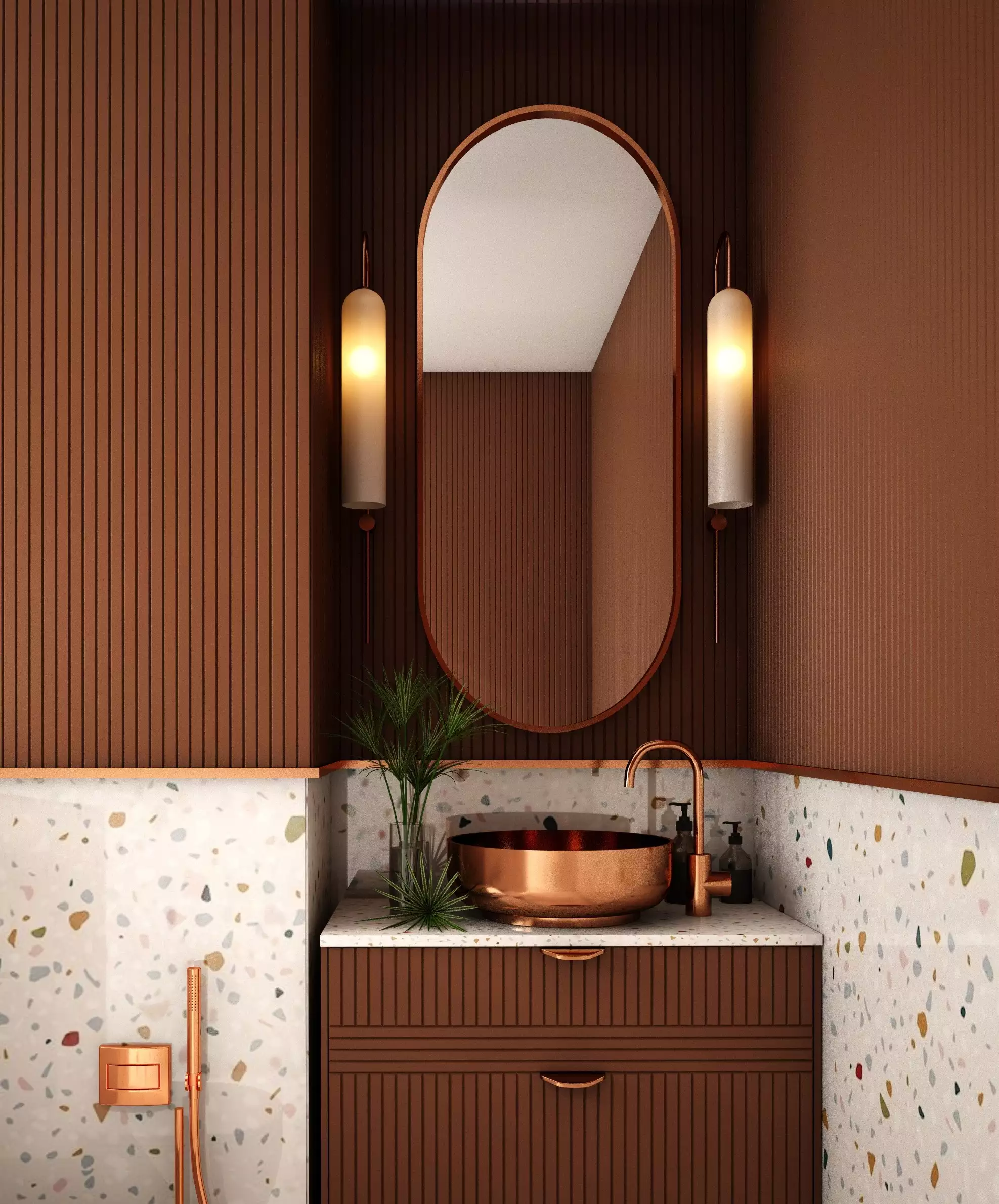 Brown cabinets in a retro bathroom