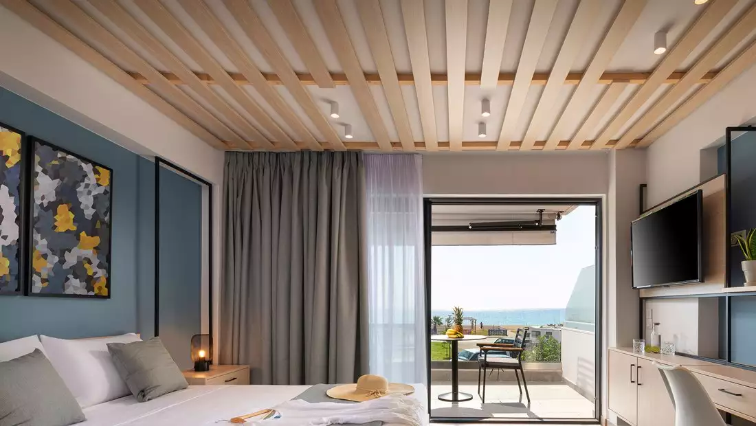 Modern Bedroom featuring Wooden Slats on Ceiling