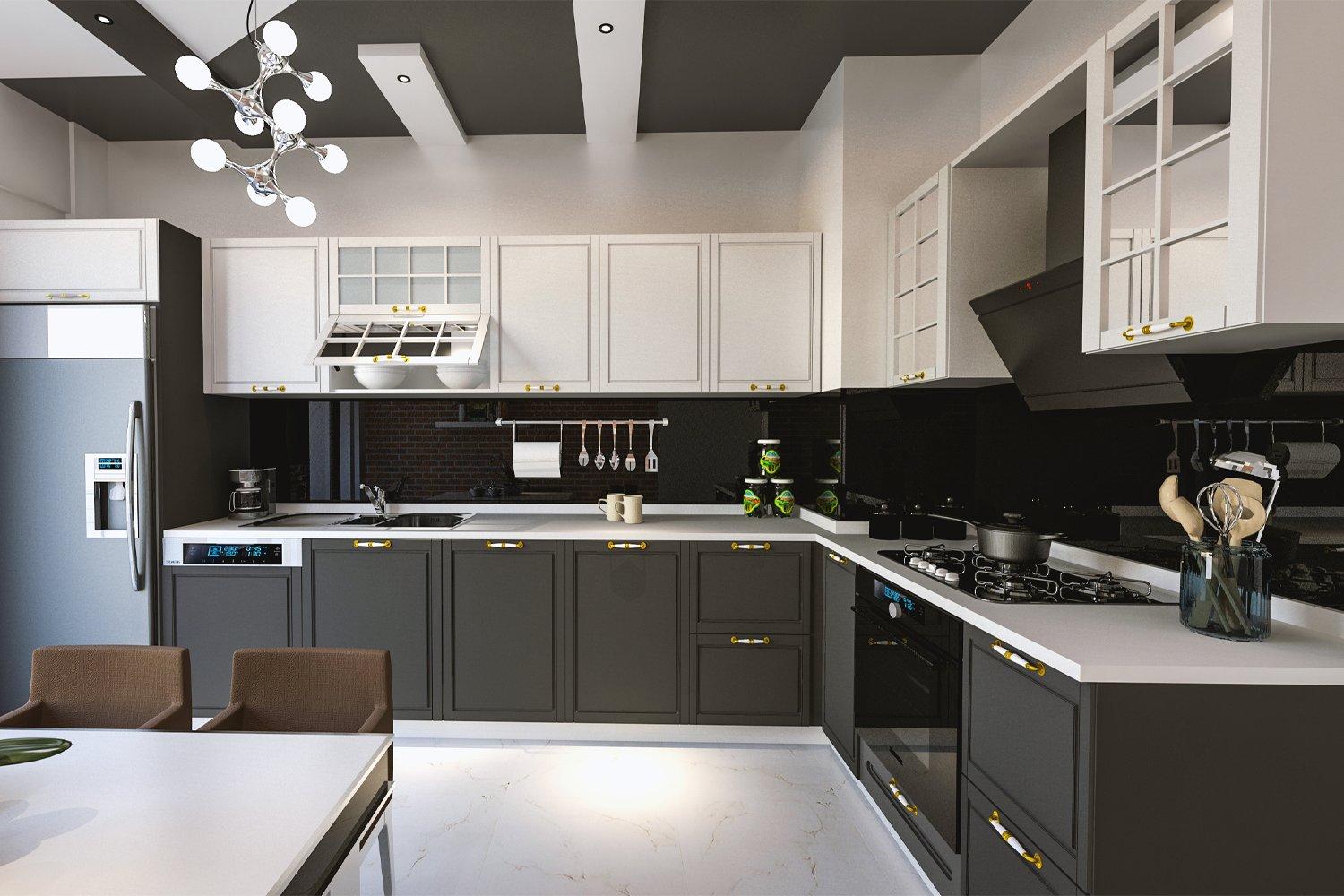 Modern kitchen with contrasting dark gray and white cabinets and millwork